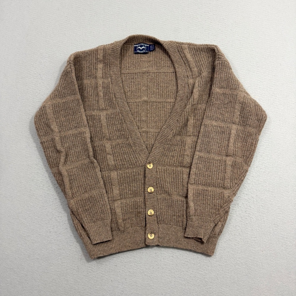 Vintage U.S. Lines Sportswear Cardigan Large Brown Grid Knit Wool Blend Knit 90s